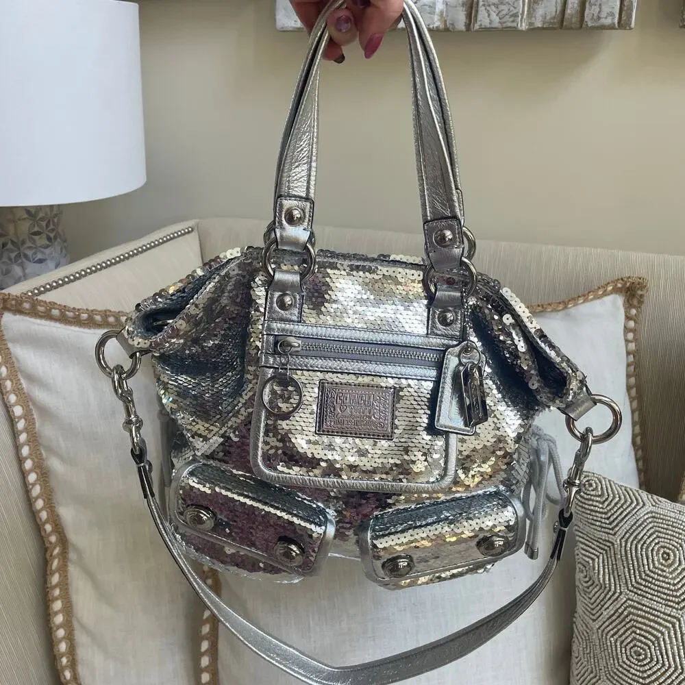 Rare Coach Poppy Spotlight Sequin Satchel 13821 | Silver Metallic Y2K